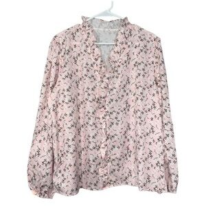 🌸3/$15🌸 Pink & White Floral Ruffle V-Neck Line Long Sleeves Elastic Cuffs XL
